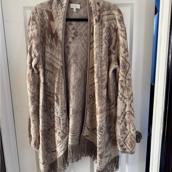 Lucky Brand Tan Cardigan with Textural Pattern and Fringe - Picture 1 of 4